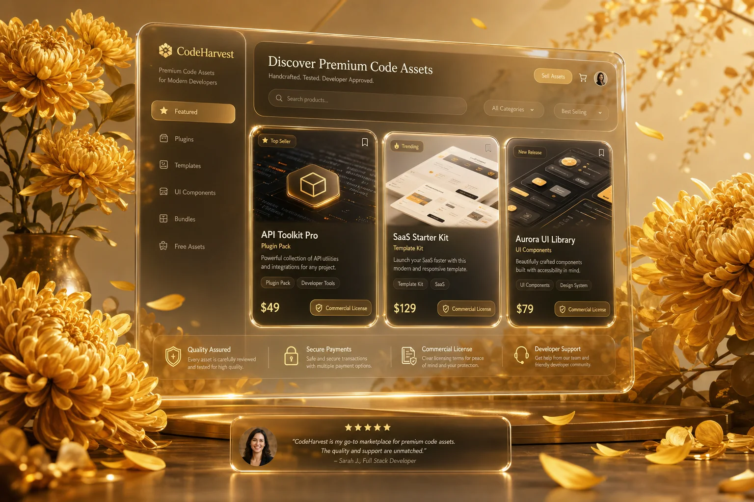 CodeBazaar — finished-code asset marketplace concept in a chrysanthemum mood
