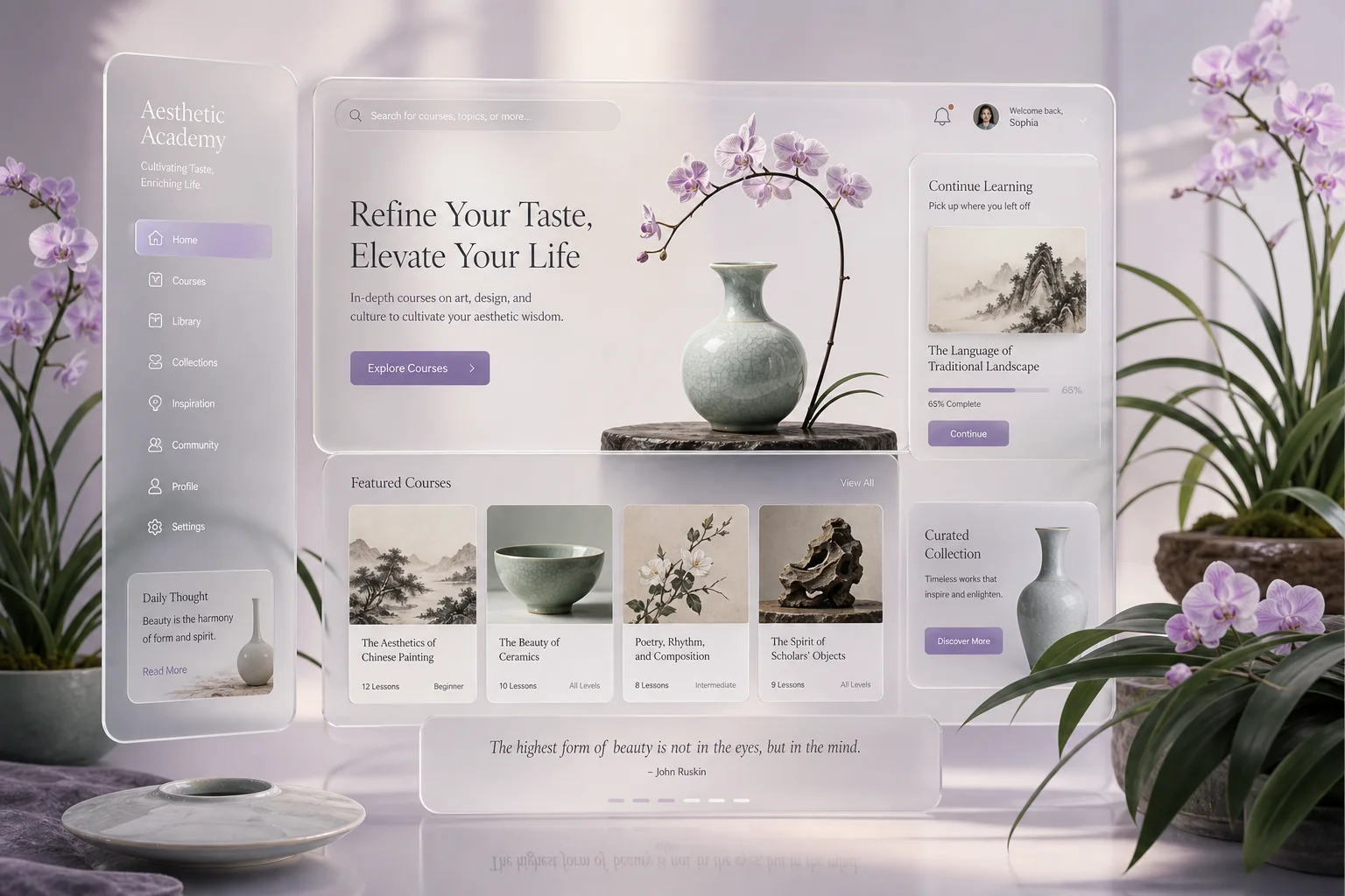 Aesthetica — taste-cultivation course platform concept in an orchid mood